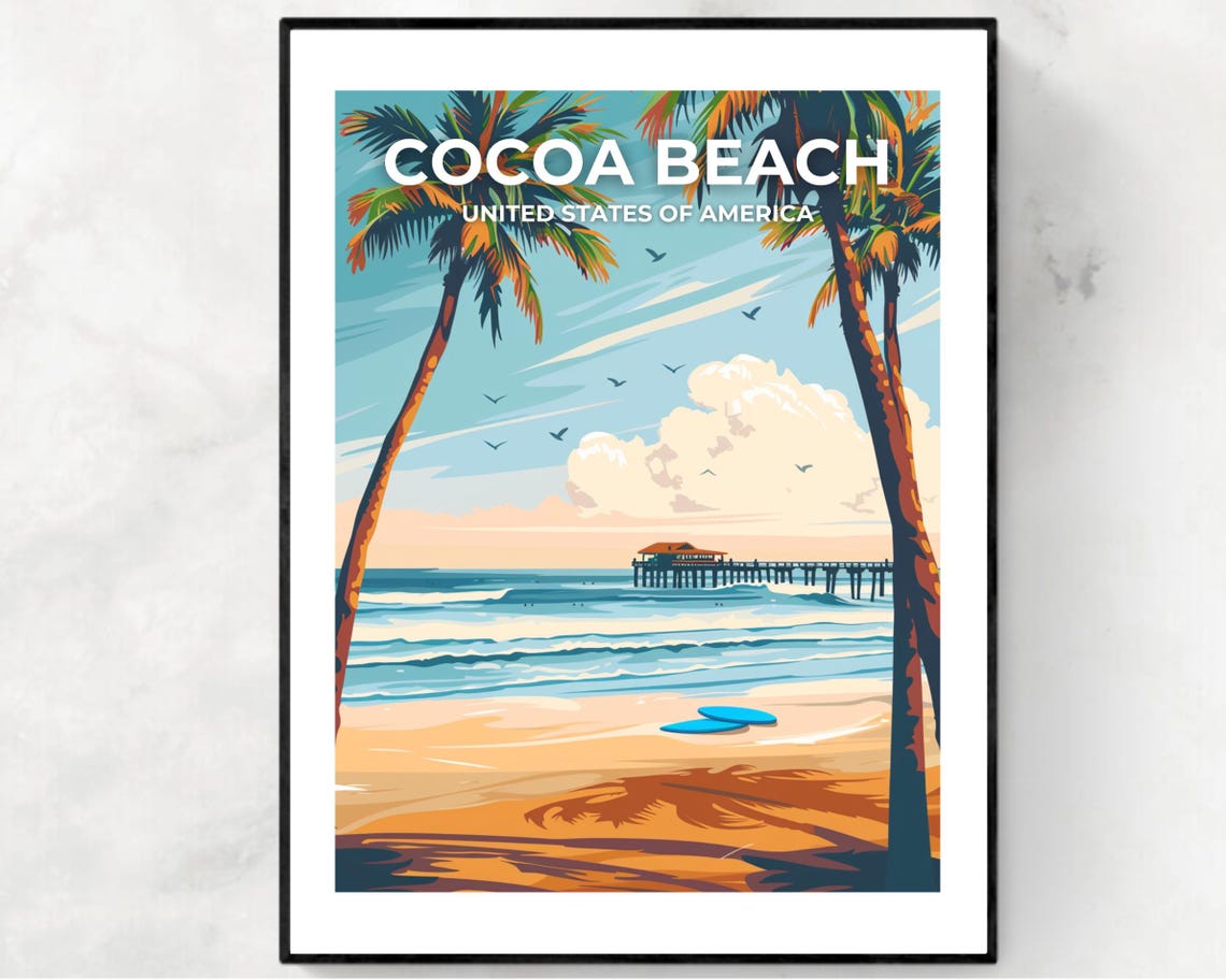Cocoa Beach Florida Palm Trees Pier Top Caption Travel Poster