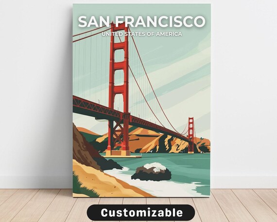 San Francisco Golden Gate Bridge Vintage Travel Illustration Poster