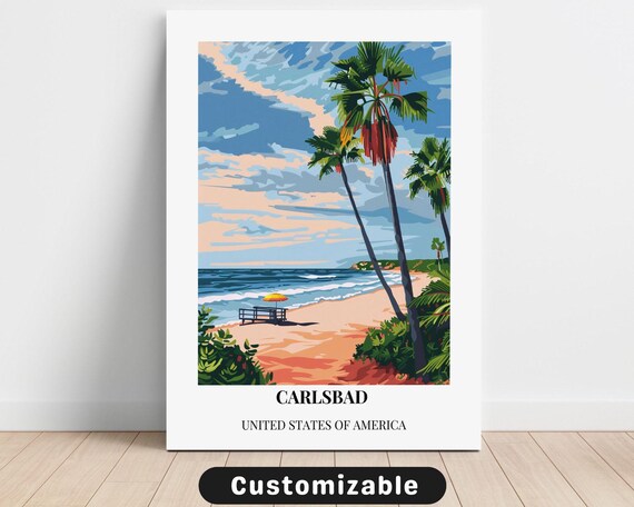 Sunny Carlsbad Beach Vintage Travel Poster Palm Trees Ocean View