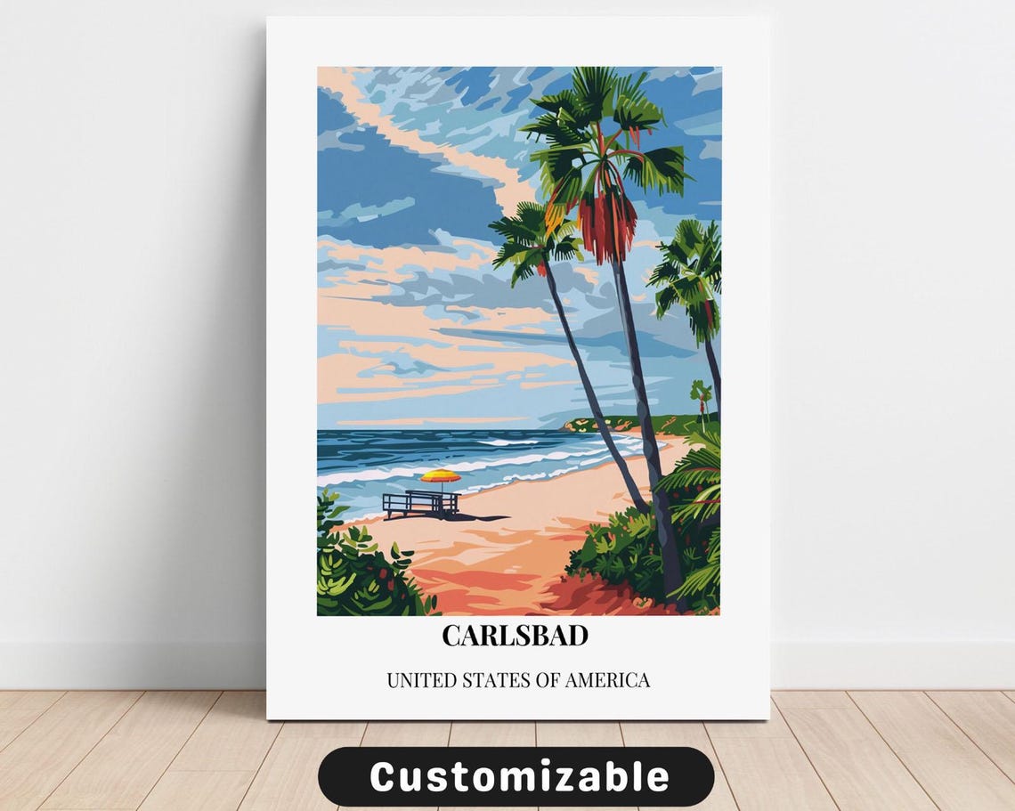 Sunny Carlsbad Beach Vintage Travel Poster Palm Trees Ocean View