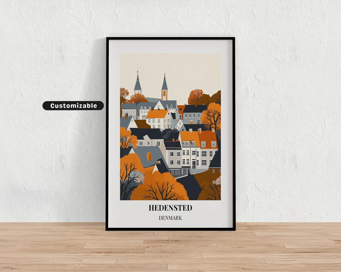 Hedensted Denmark Autumn Town Orange Rooftops Vintage Travel Poster