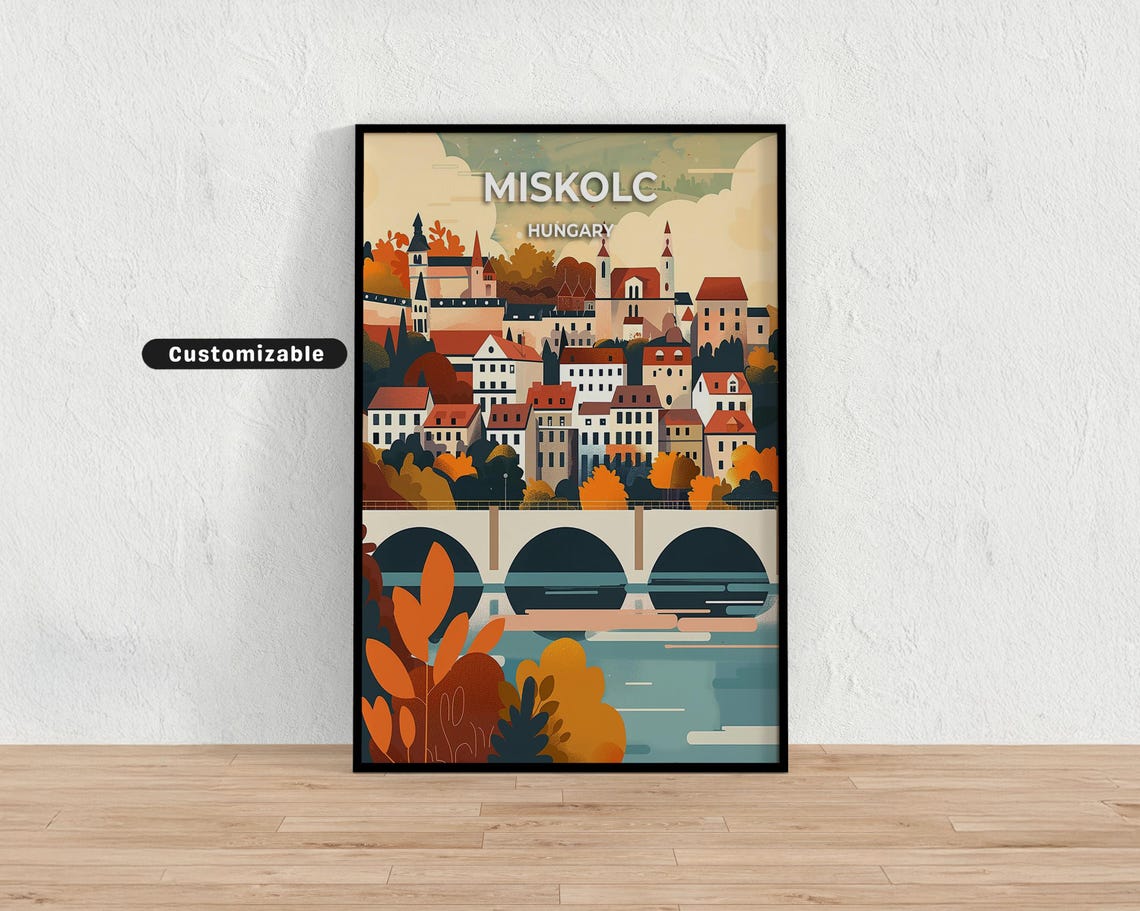 Miskolc Hungary Hillside Town with Bridge Vintage Travel Poster