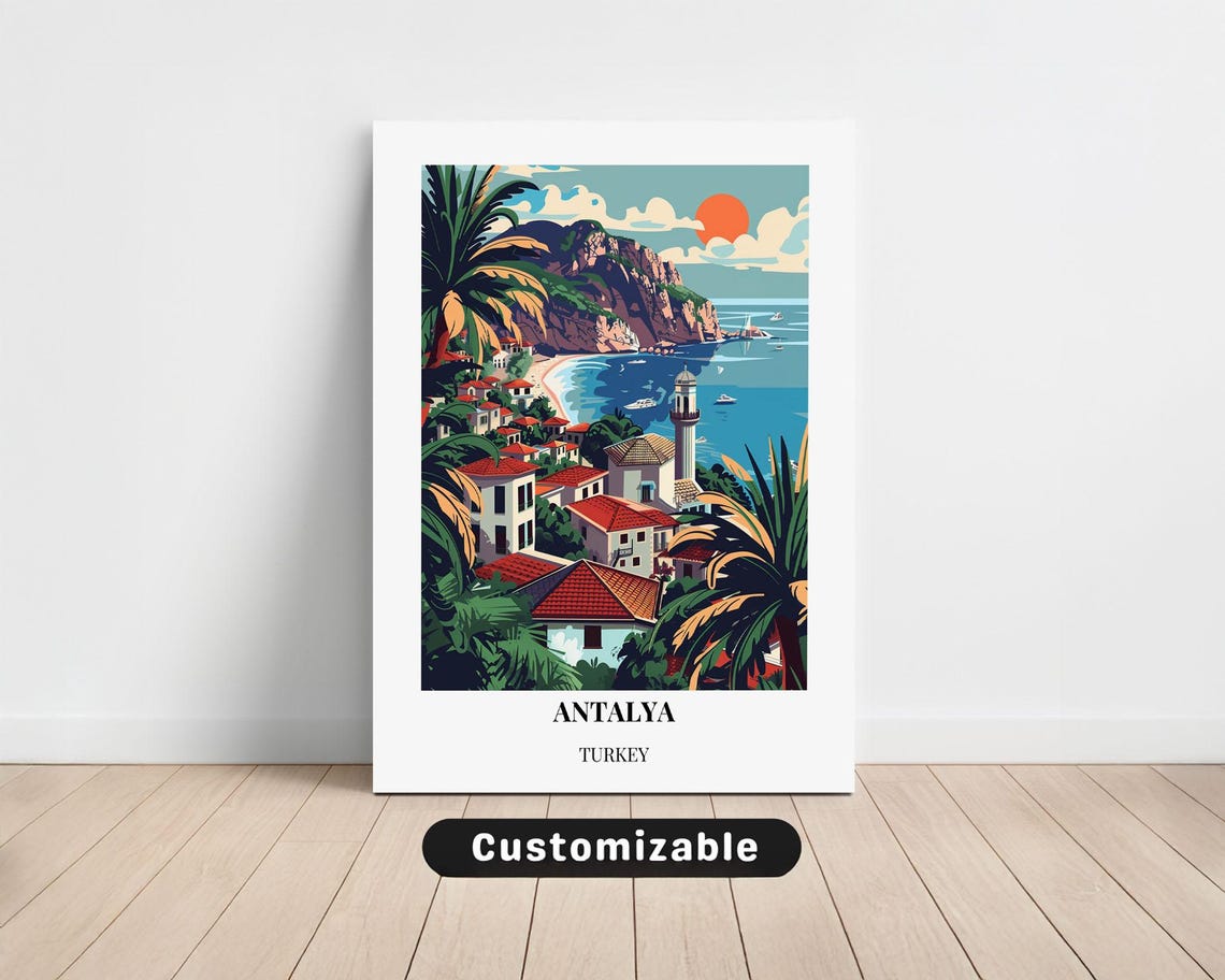 Antalya Turkey Red Roofs Lighthouse Beach Cliff Sunset Travel Poster