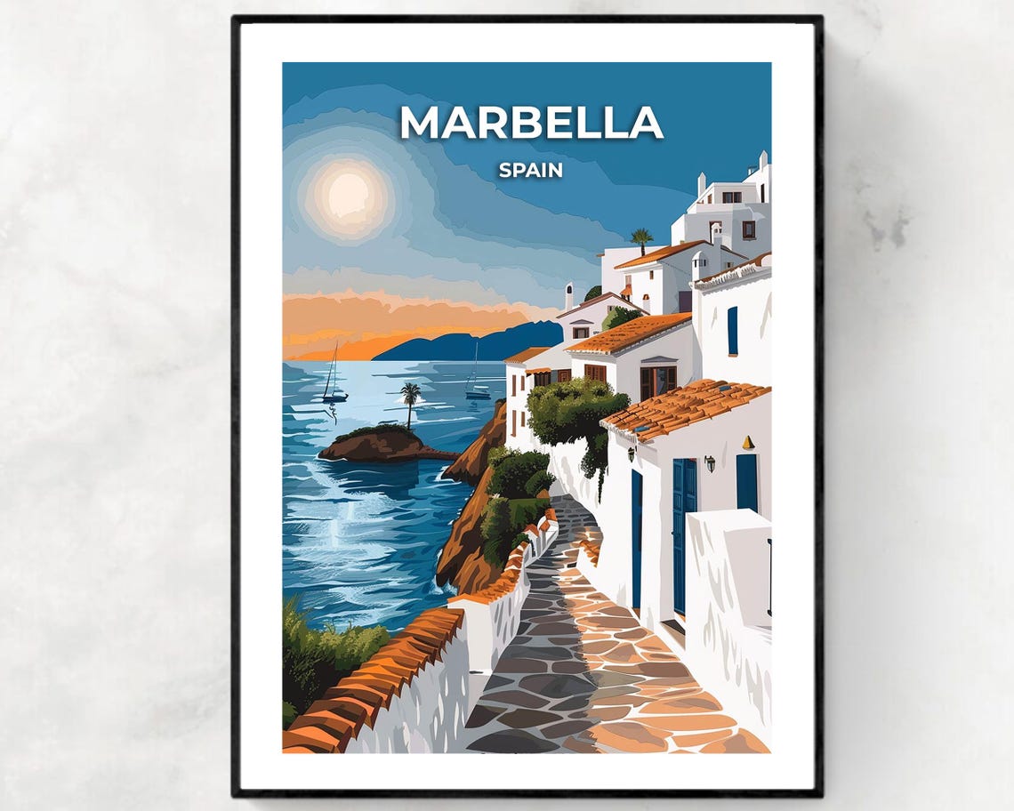 Marbella Spain Whitewashed Village Coast Sunset Vintage Travel Poster