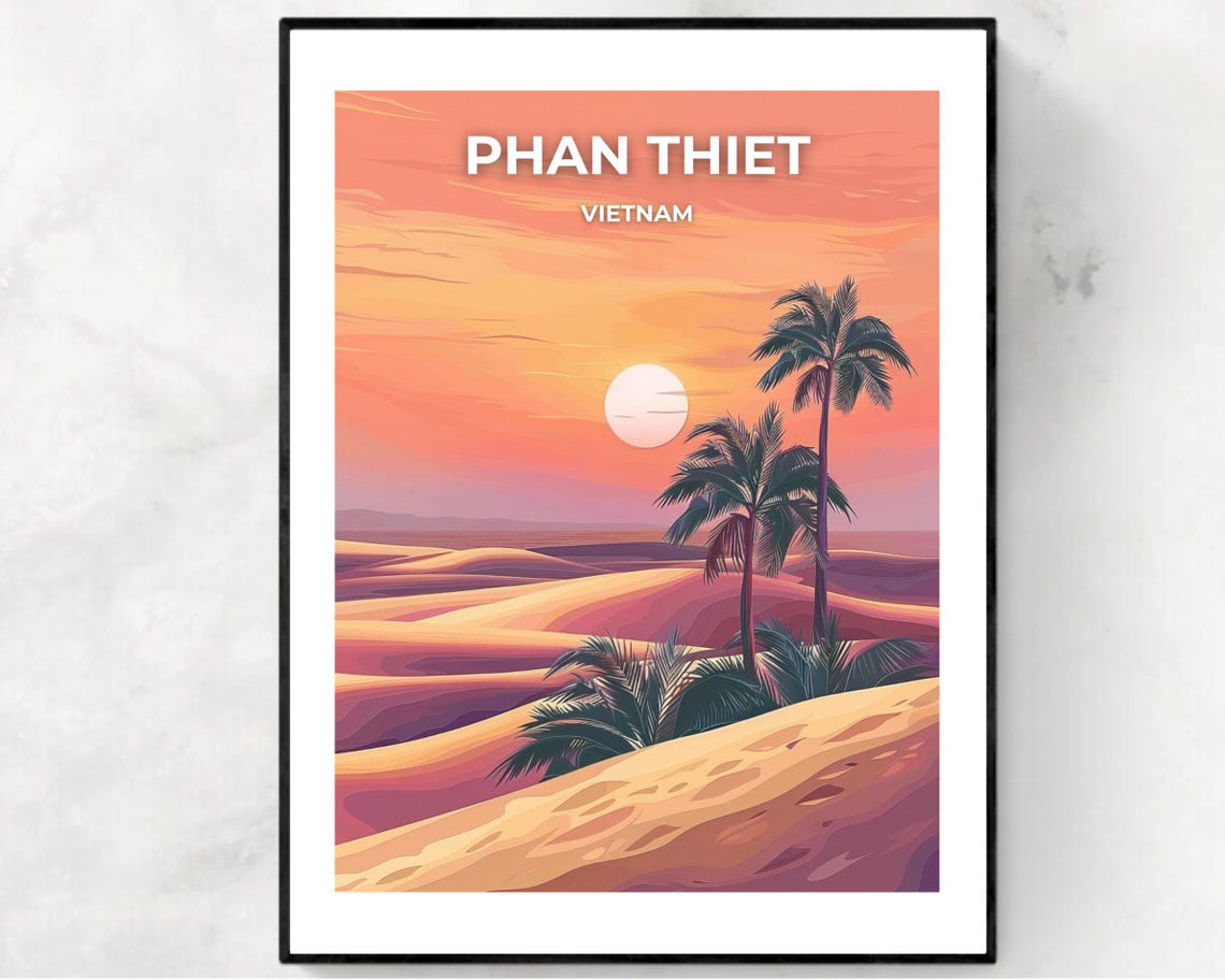 Phan Thiet Vietnam Sunset Dunes Palm Silhouette Travel Poster