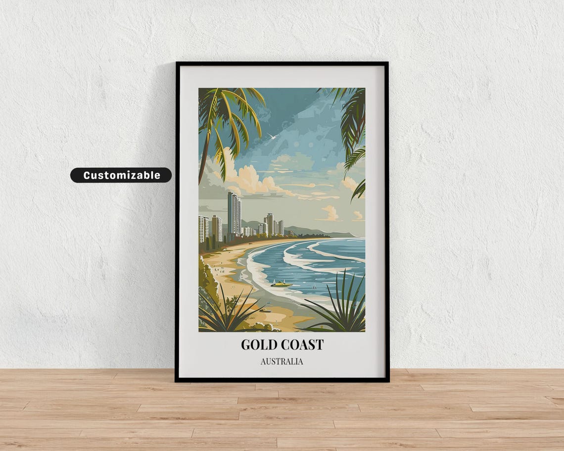 Gold Coast Australia Beach High Rises Retro Travel Poster with Palms