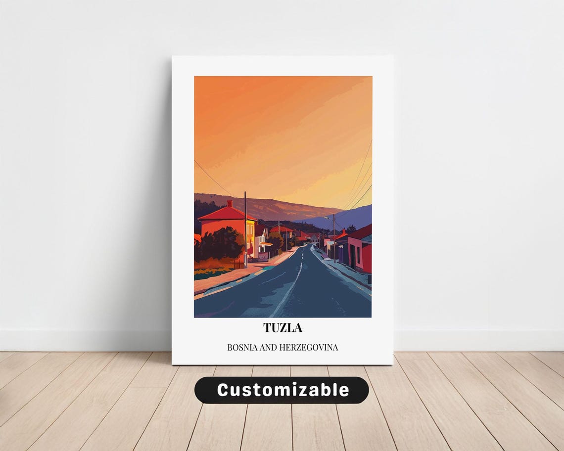 Tuzla Bosnia Sunset Road Town View Travel Illustration Poster
