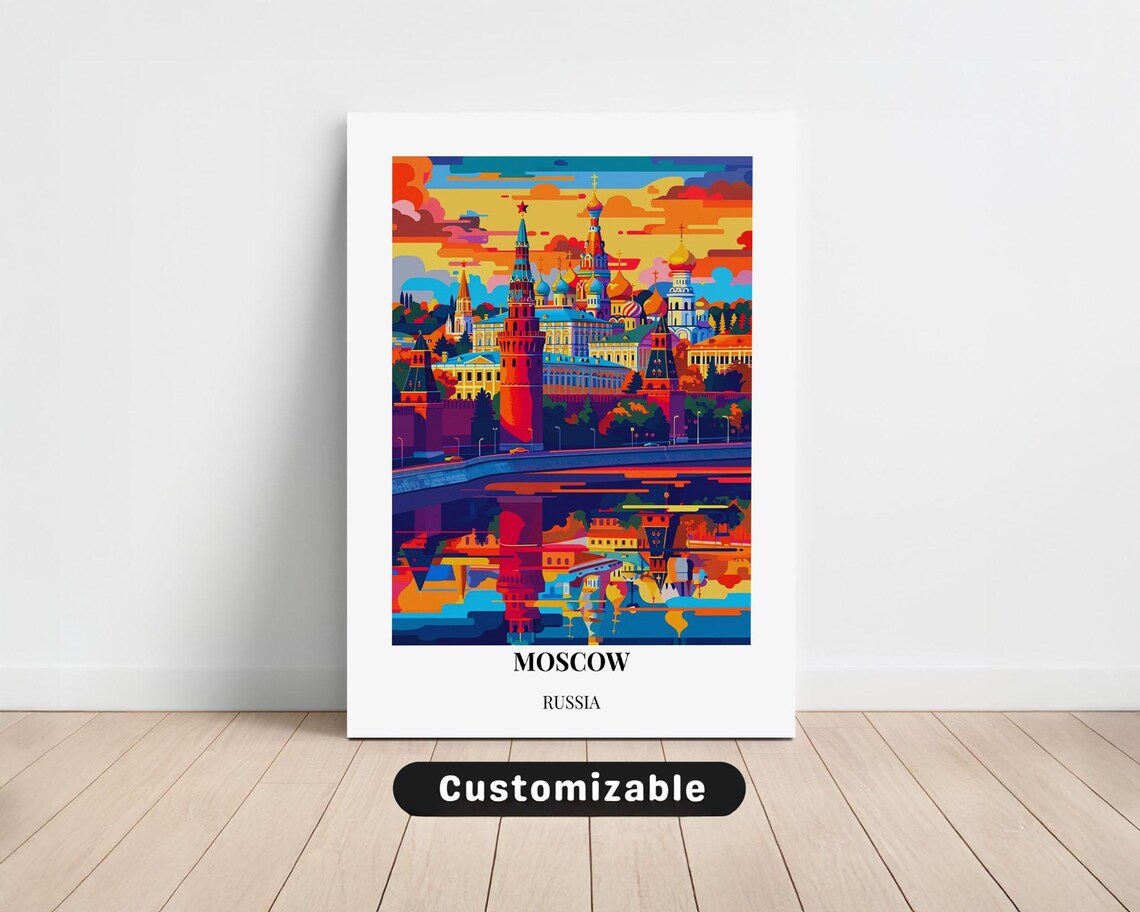 Moscow Russia Pop Art Sunset Saint Basil Vivid Colors Travel Poster