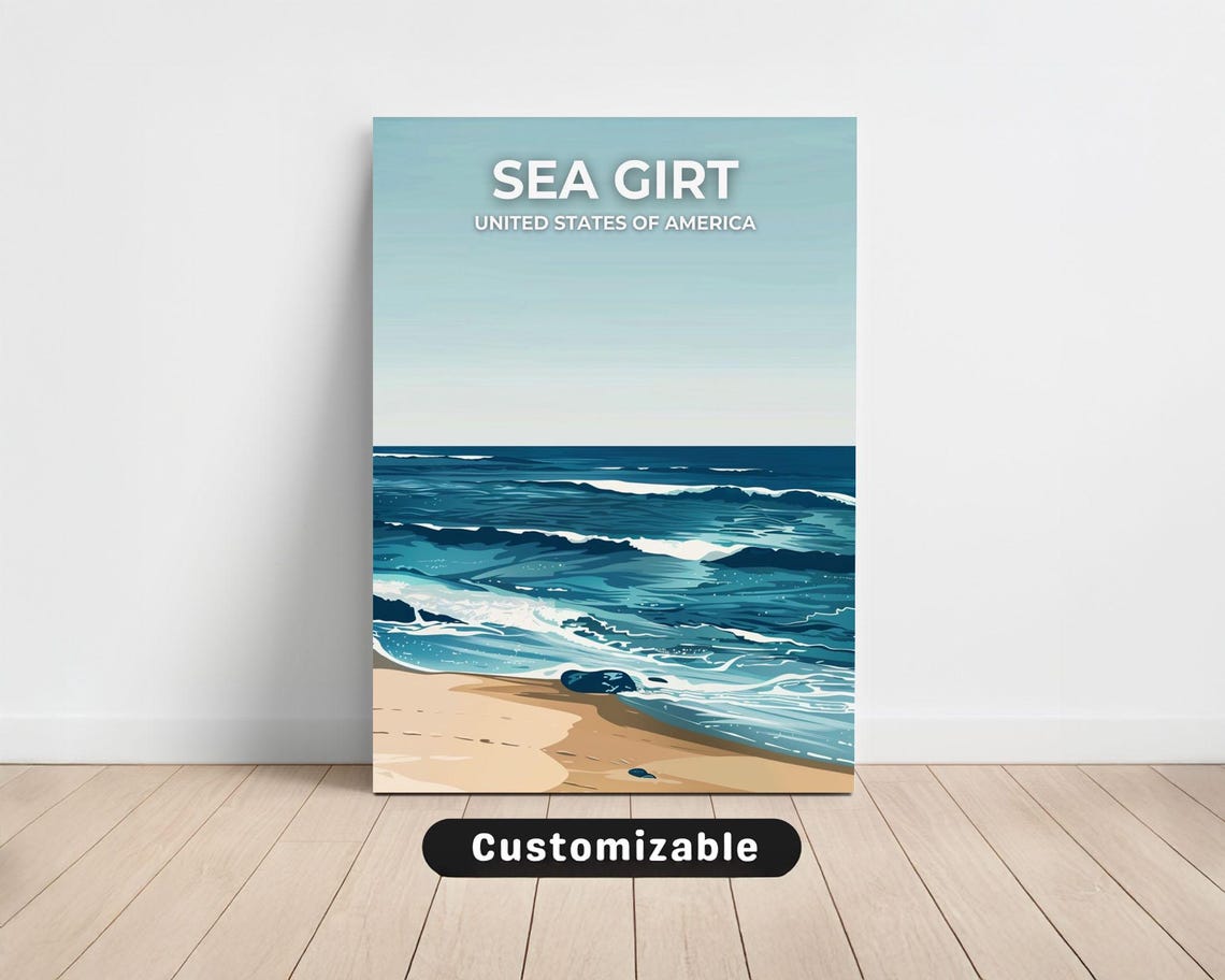 Sea Girt Ocean Waves Sandy Beach Shore Vintage Travel Poster