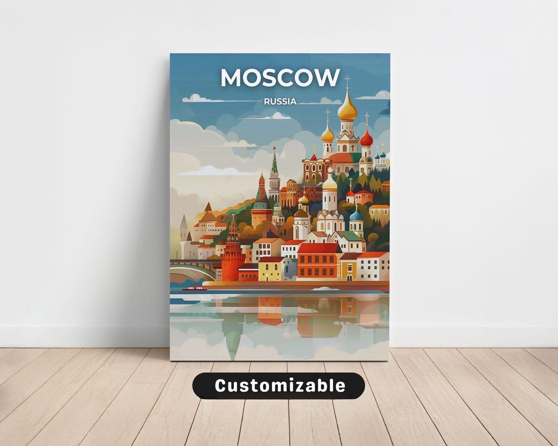 Moscow Russia Golden Domes River Reflection Daytime Travel Poster