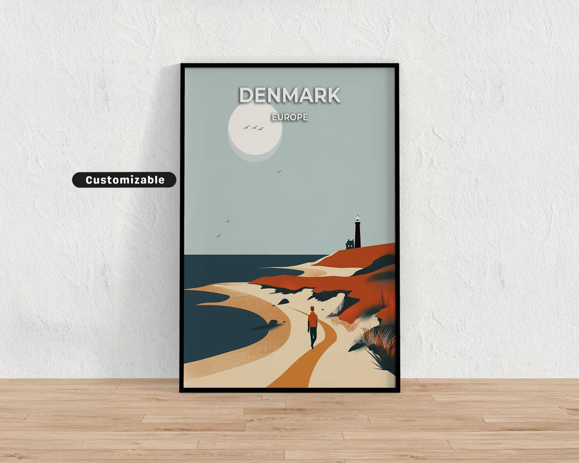 Denmark Europe Coastal Dunes Lighthouse Moon Minimal Travel Poster