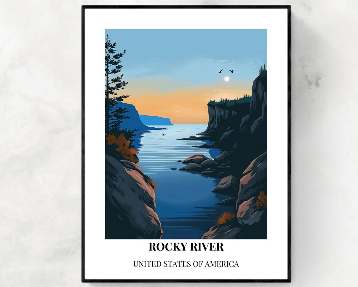 Rocky River Sunset Cliffs Kayak White Border Classic Travel Poster