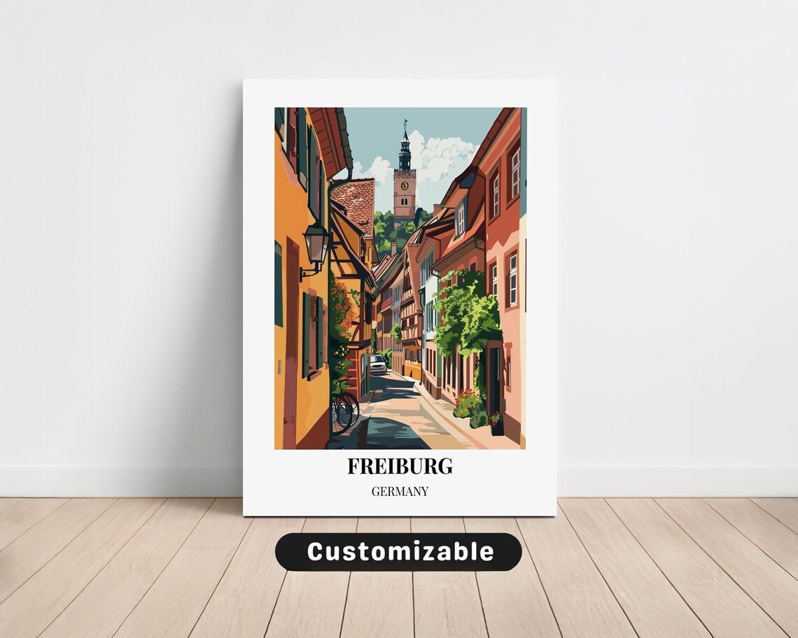 Freiburg Germany Travel Poster Old Town Street Clock Tower Bike Art