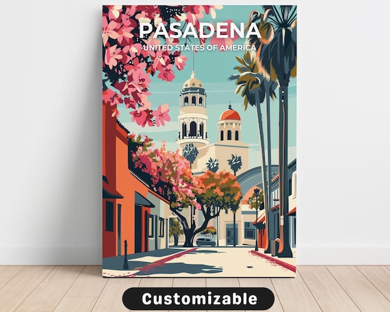 Pasadena Pink Blossoms City Hall Tower Vintage California Travel Poster