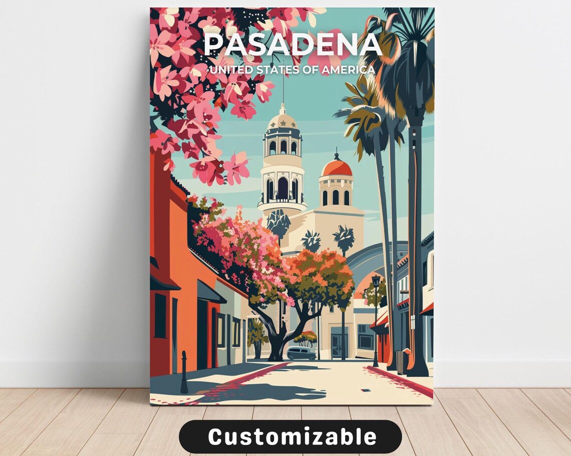 Pasadena Pink Blossoms City Hall Tower Vintage California Travel Poster