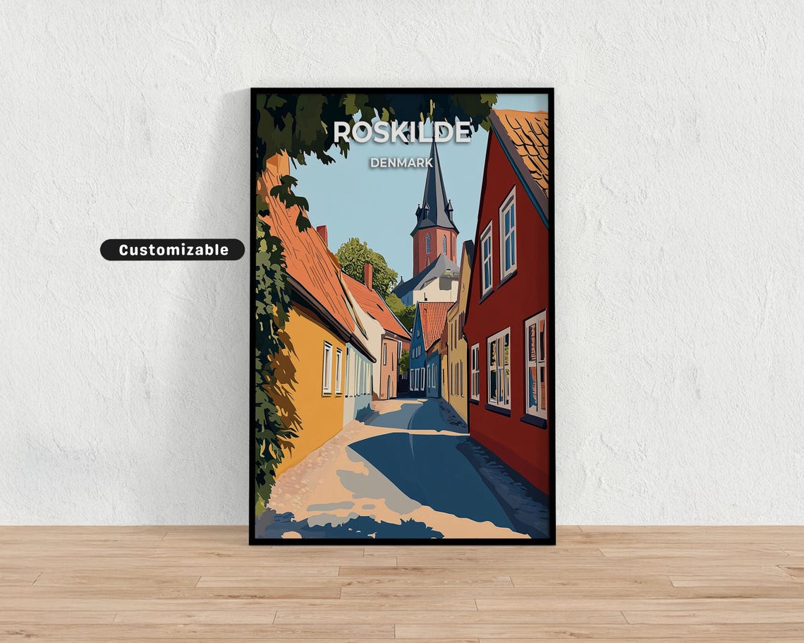 Roskilde Denmark Cobblestone Street Red Church Spire Travel Poster