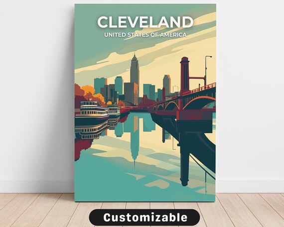 Cleveland United States of America Vintage Travel Sunset River Skyline Poster