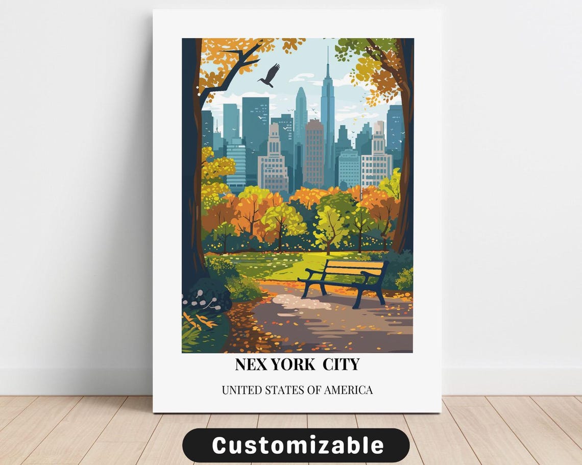New York City Autumn Park Bench Travel Poster Fall Leaves Skyline Art