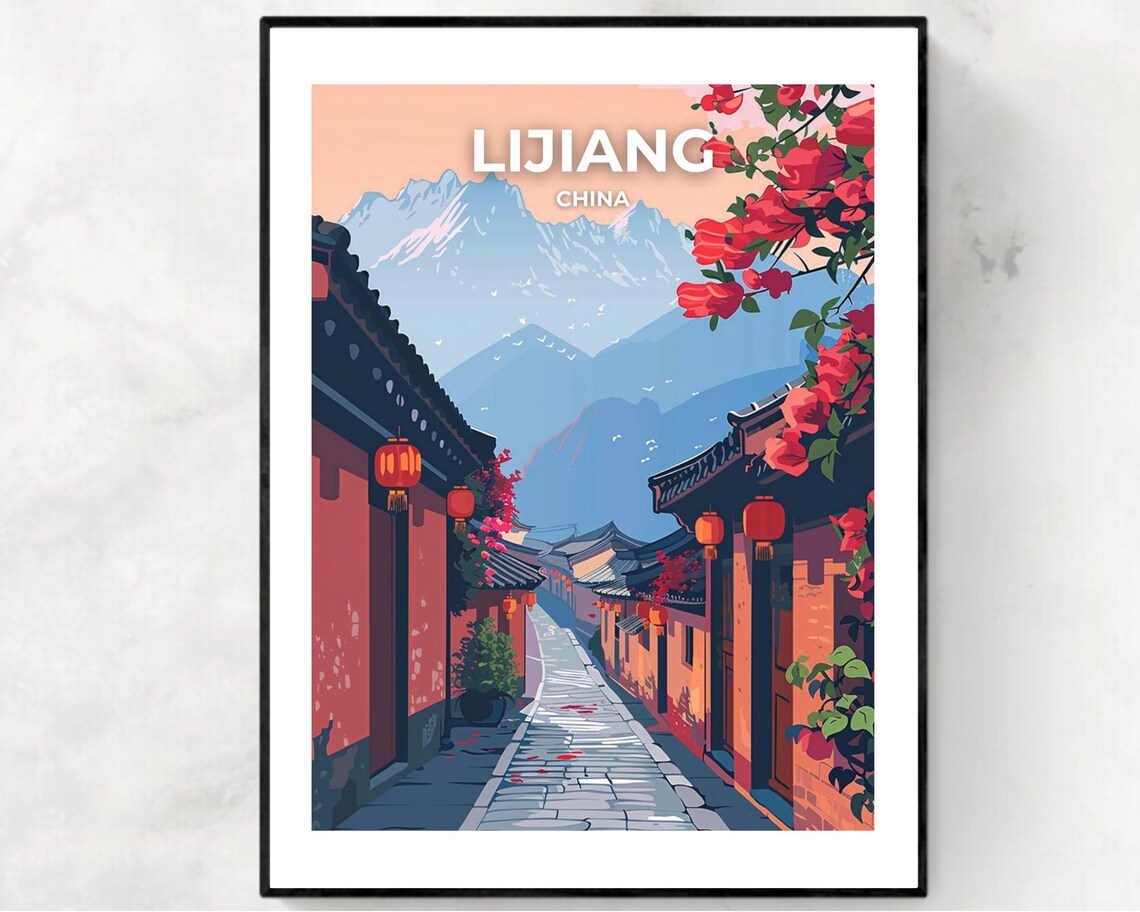 Lijiang China Old Town Alley Poster with Red Lanterns and Snowy Peaks