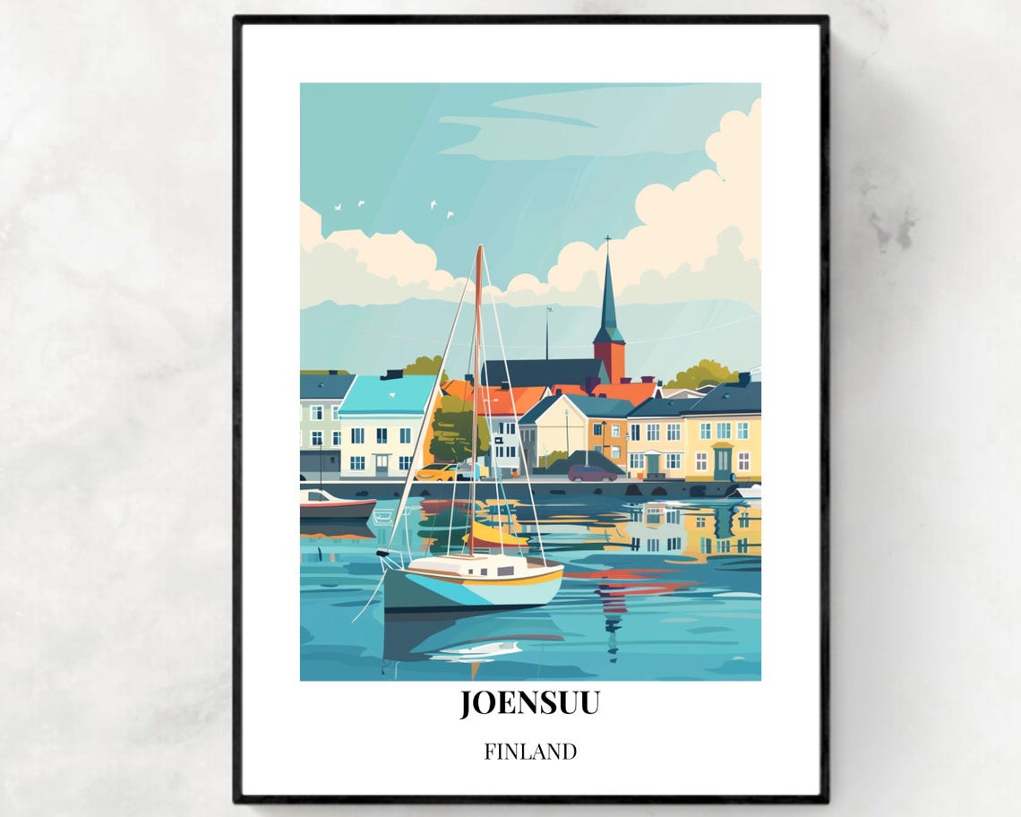 Joensuu Finland Harbor Sailboat Waterfront Church Travel Poster