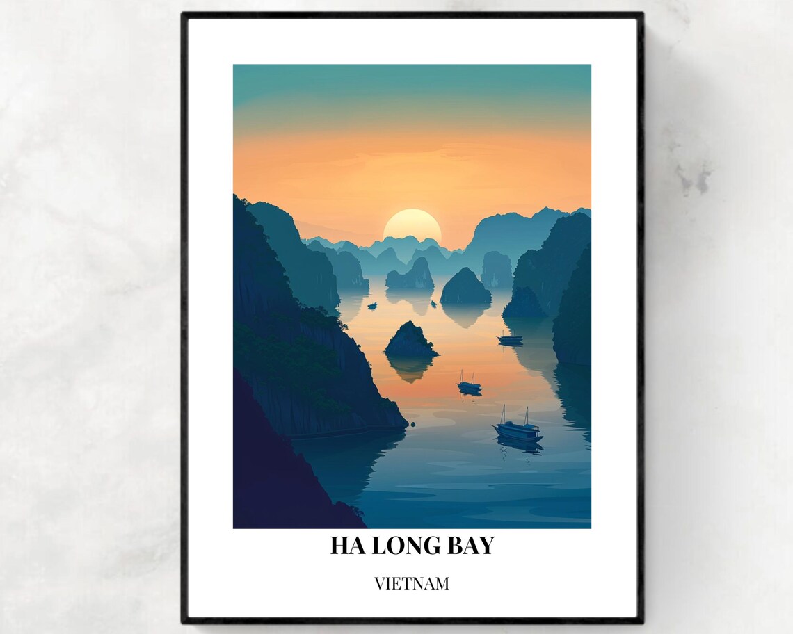 Ha Long Bay Vietnam Sunset Over Limestone Islands And Boats Poster