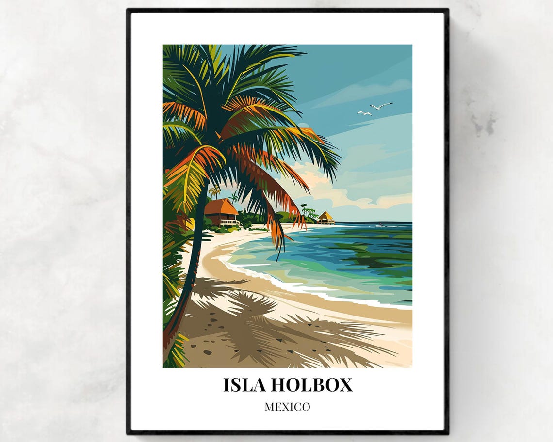 Isla Holbox Mexico Leaning Palm Tree Beach Sunset Travel Poster