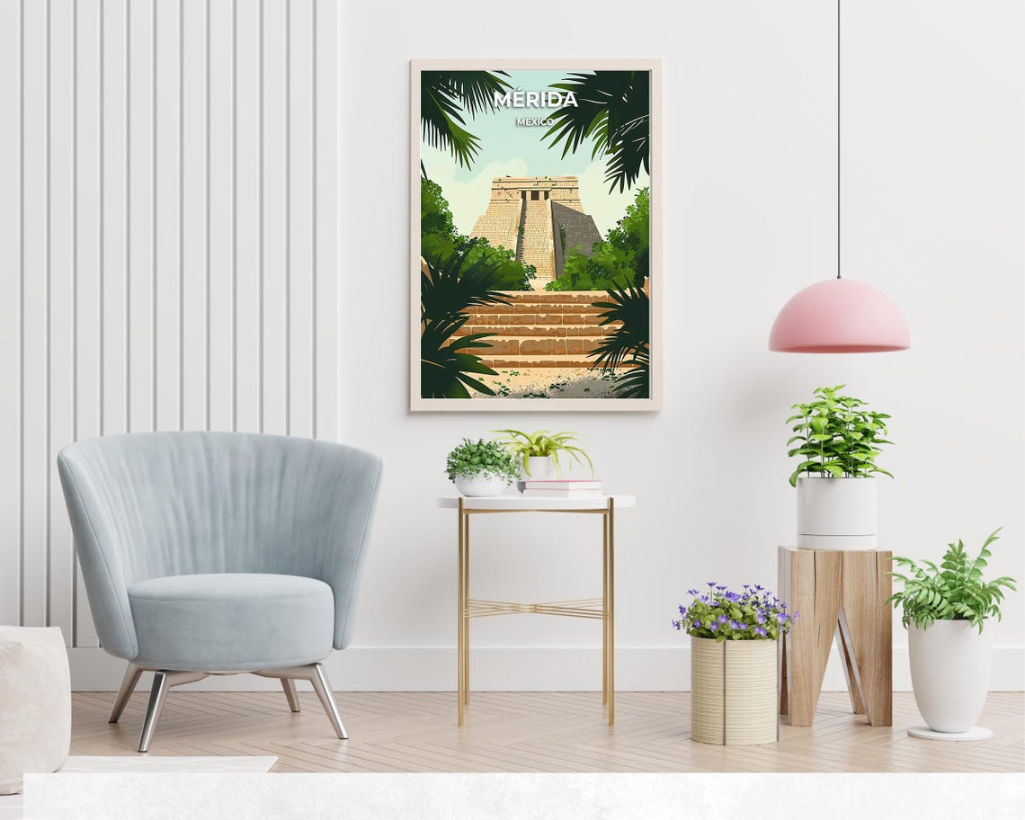 Merida Mexico Mayan Pyramid Framed by Palm Leaves Travel Poster - Image 2