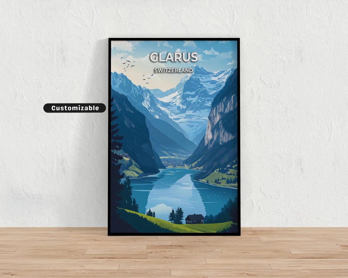 Glarus Switzerland Mountain Valley Lake Alpine Village Travel Poster