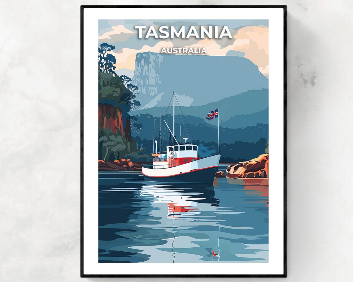 Tasmania Australia Harbor Fishing Boat Cliffs Coastal Travel Poster