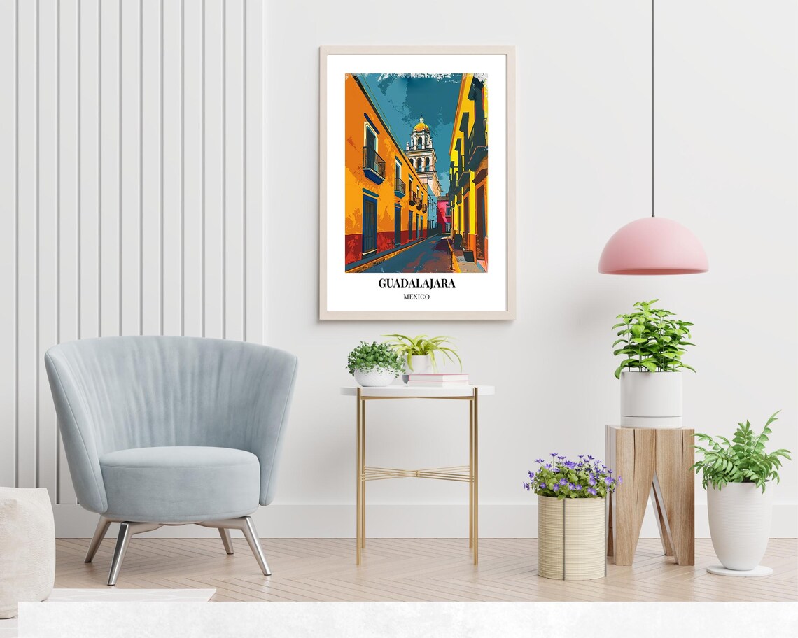 Guadalajara Mexico Colorful Colonial Street with Church Tower Poster - Image 2