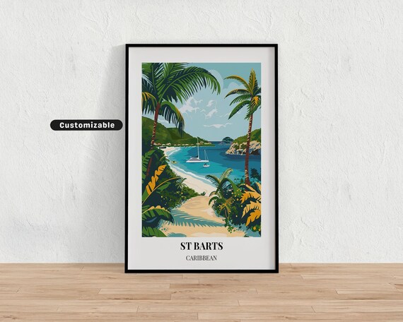 St Barts Caribbean Tropical Beach Path Palm Sailboat Travel Poster