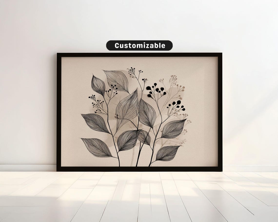 Charcoal Botanical Leaf Sketch Wall Art Delicate Berries Beige Decor