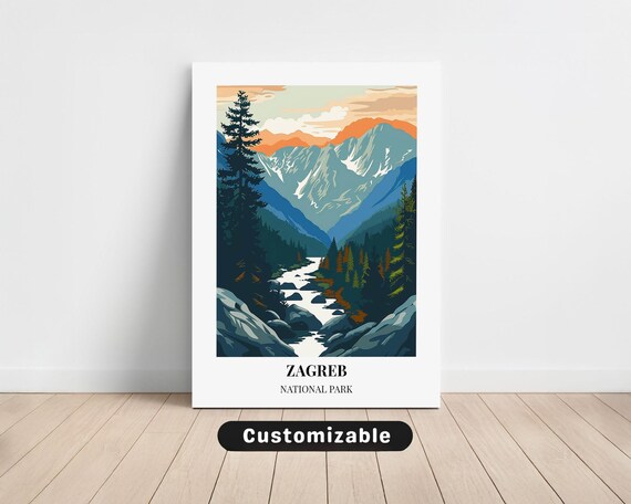 Zagreb National Park Mountain River Valley Pines Vintage Travel Poster