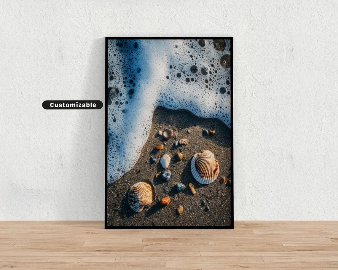 Seashells and Pebbles Beach Photography Foamy Tide Coastal Poster