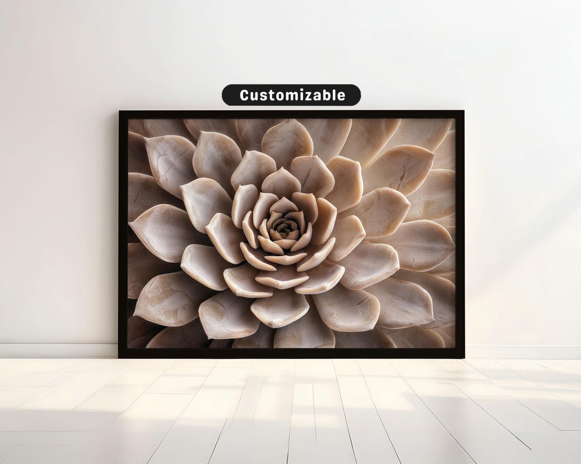 Close View Of Symmetrical Succulent In Beige Palette Botanical Wall Art Neutral Minimal Print