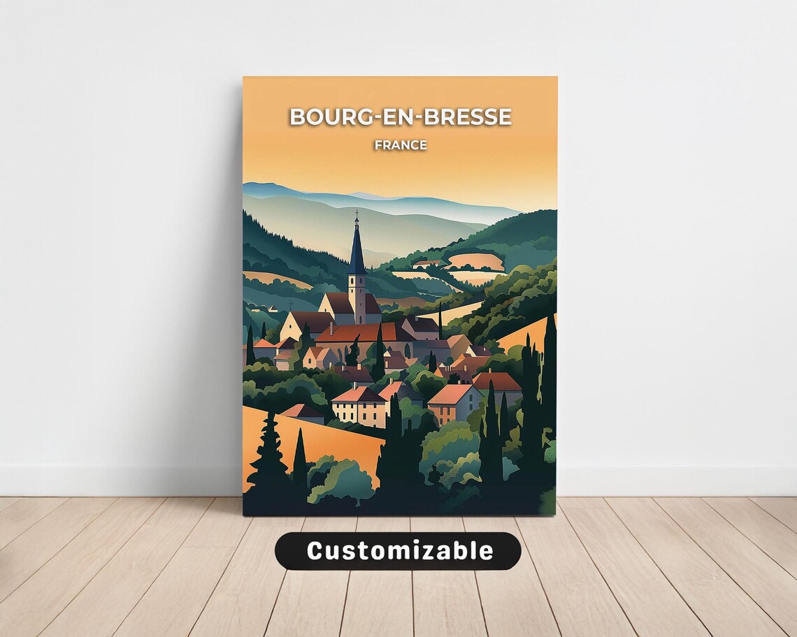 Bourg En Bresse France Village Church Valley Sunset Travel Poster