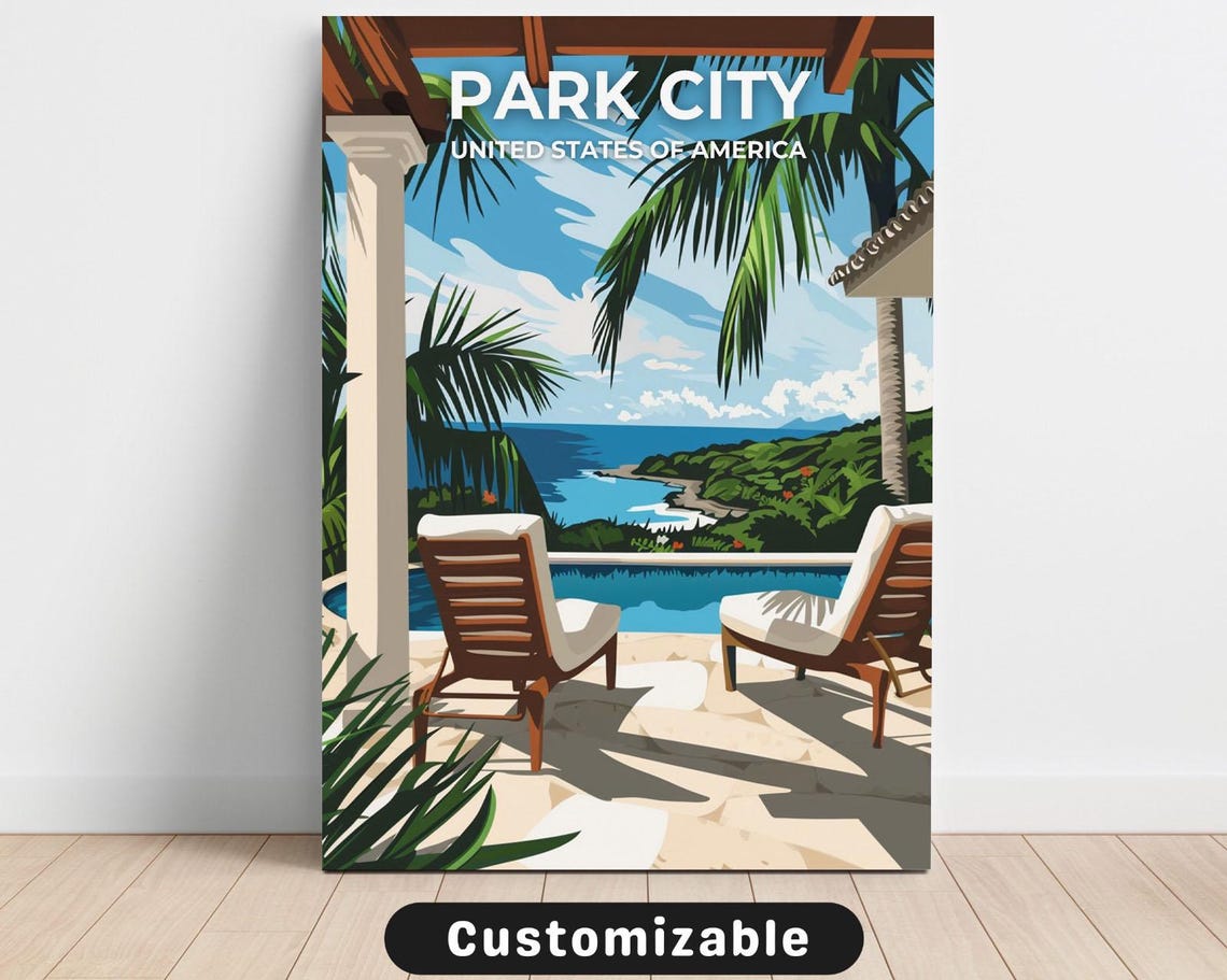 Park City Palm Lined Patio Tropical Ocean View Retro Travel Poster