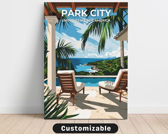Park City Palm Lined Patio Tropical Ocean View Retro Travel Poster
