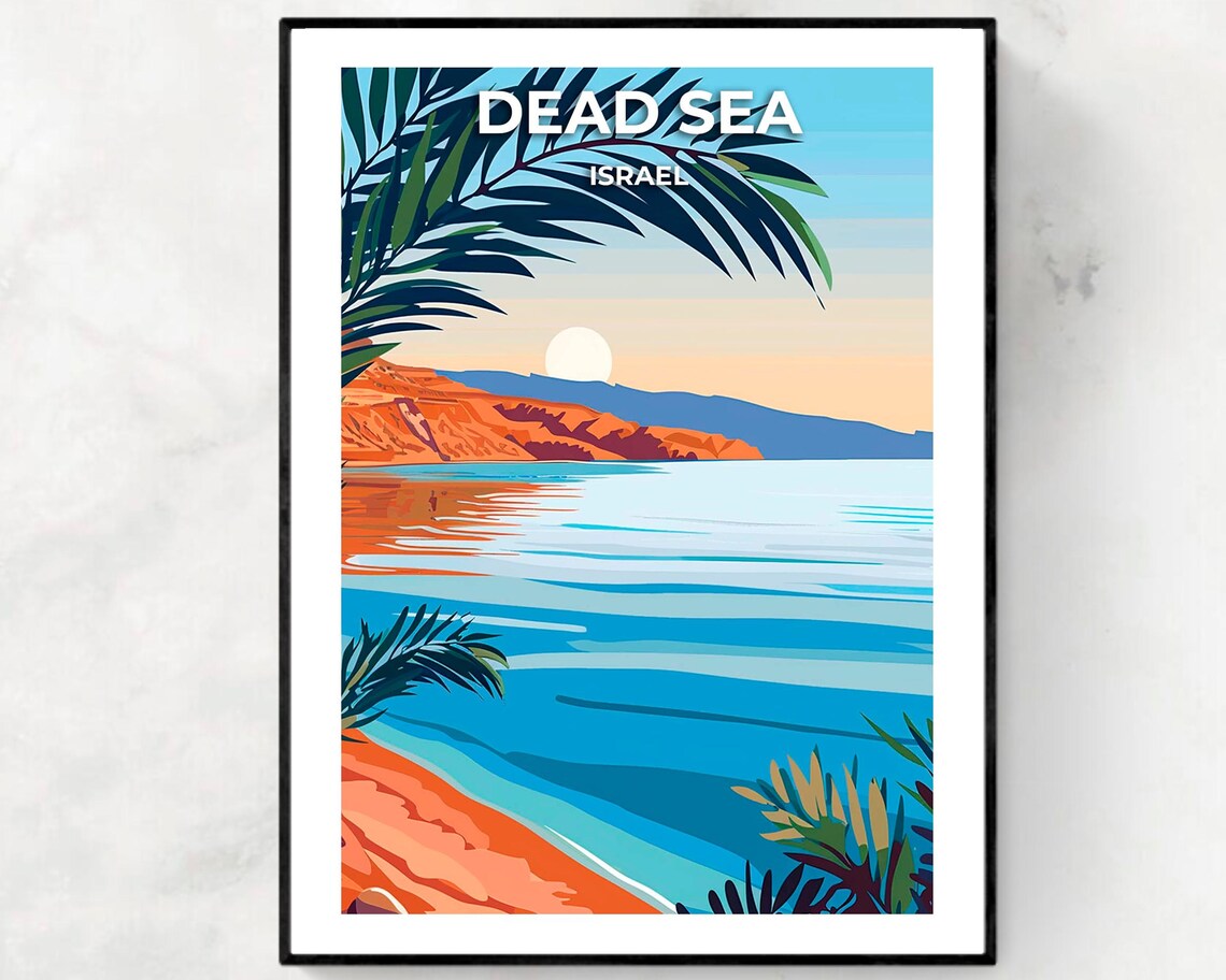 Dead Sea Israel Desert Sunset Palms Golden Beach View Travel Poster