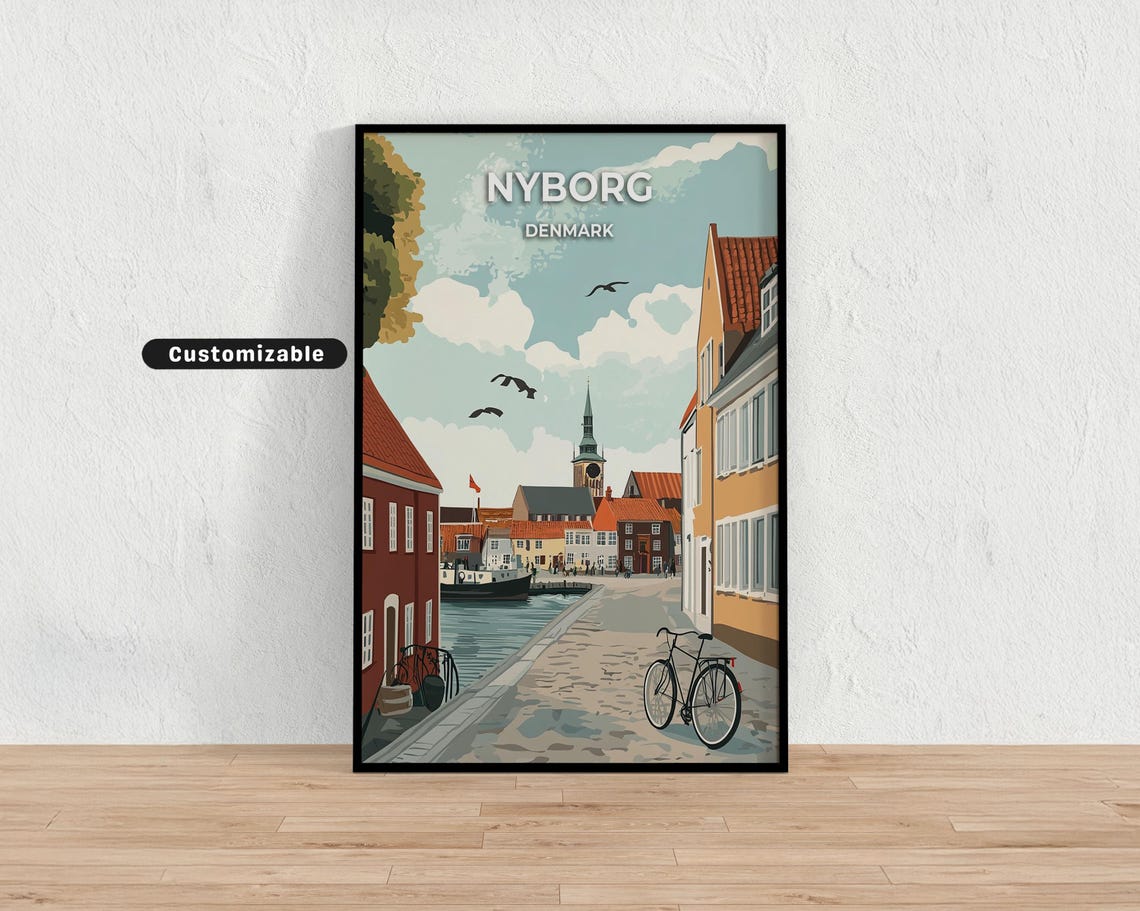 Customizable Nyborg Denmark Canal Street Scene Travel Poster