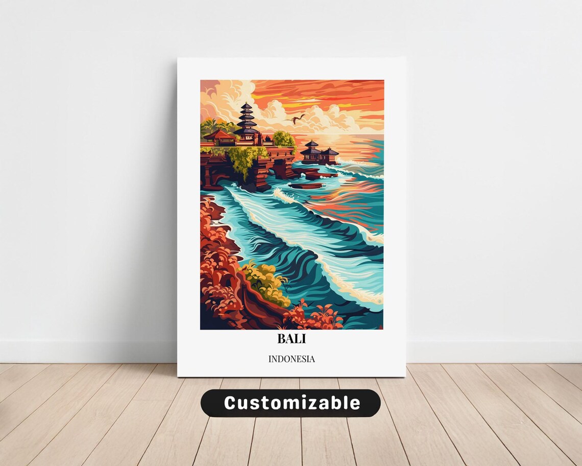 Bali Indonesia Sunset Temple Ocean Waves Vintage Travel Art Poster