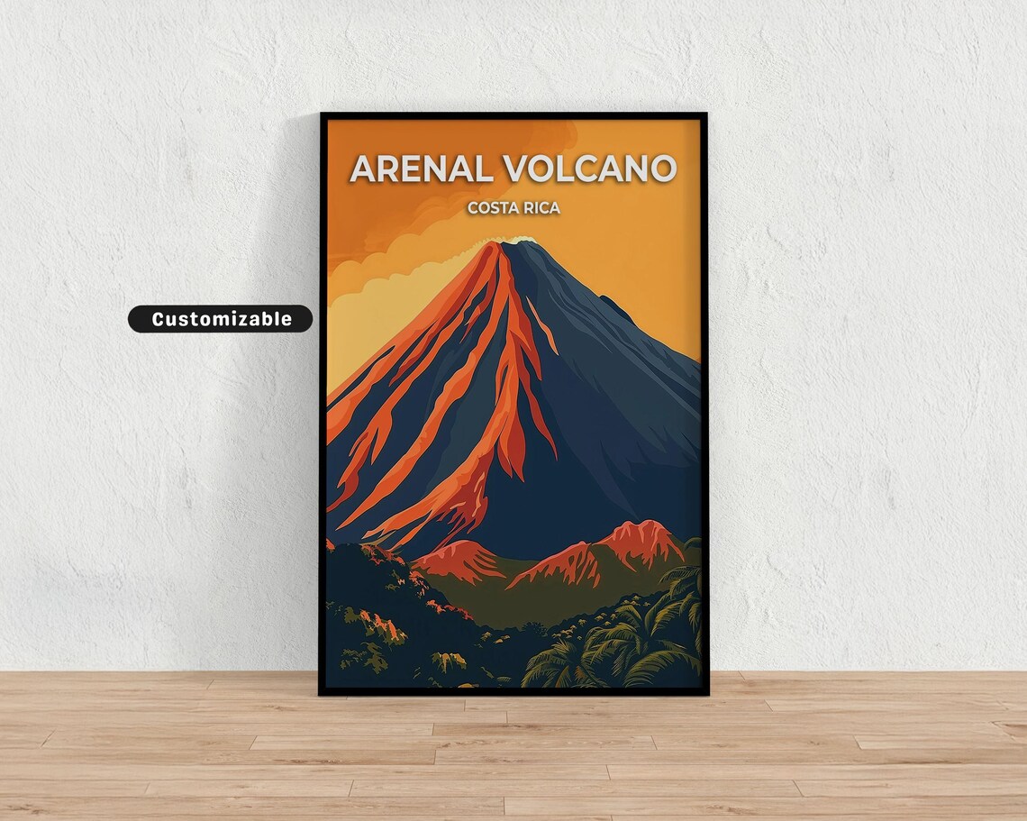 Arenal Volcano Costa Rica Lava Sunset Retro Bold Travel Poster