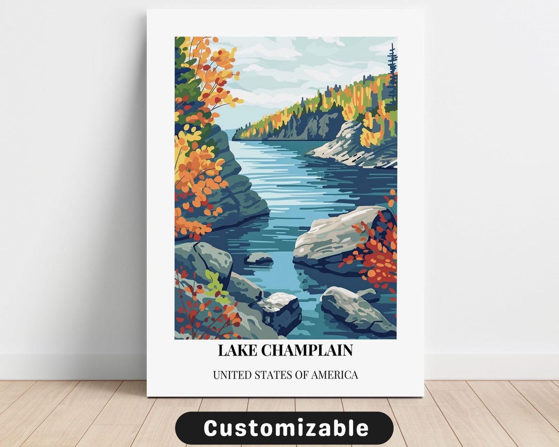 Lake Champlain Fall Foliage Rocky Shore Retro Travel Poster Art