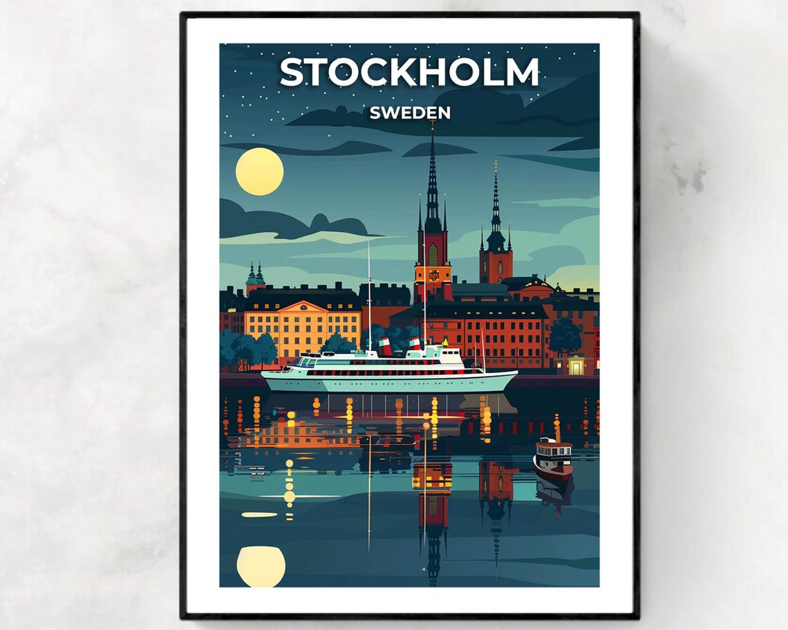 Stockholm Moonlit Waterfront with Ferry under Full Moon Sweden Poster