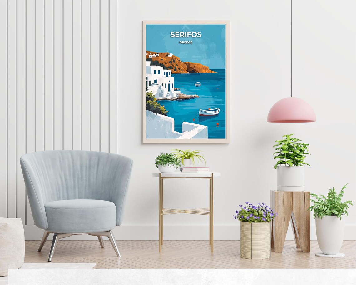 Serifos Greece Whitewashed Village Turquoise Bay Boats Travel Poster - Image 2