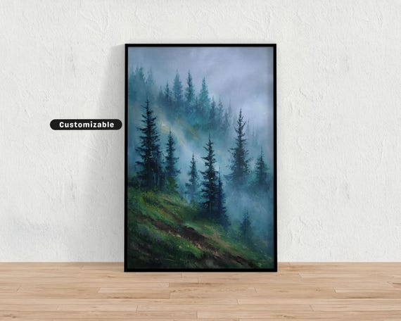 Brush Painted Pine Trees On Misty Slope At Daybreak Japanese Wall Art Print Zen Asian Decor