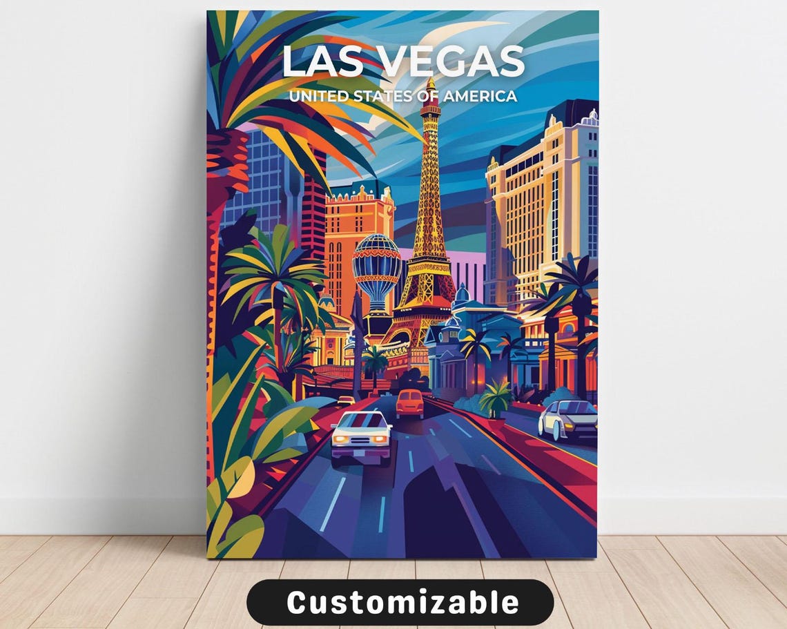 Las Vegas Strip Night Neon Palms Customizable Travel Art Poster