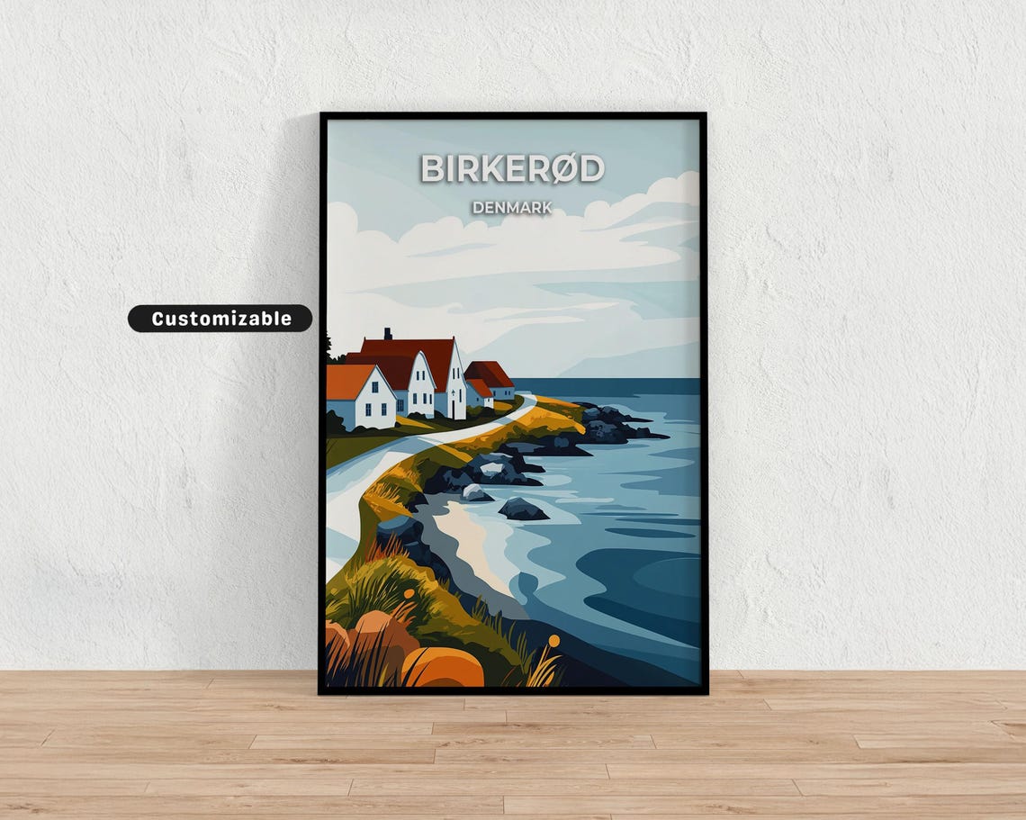 Birkerod Denmark Coastal Town Retro Travel Illustration Poster