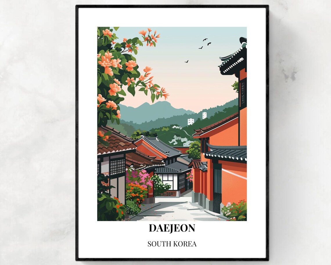 Daejeon South Korea Traditional Hanok Street Blossoms Travel Poster