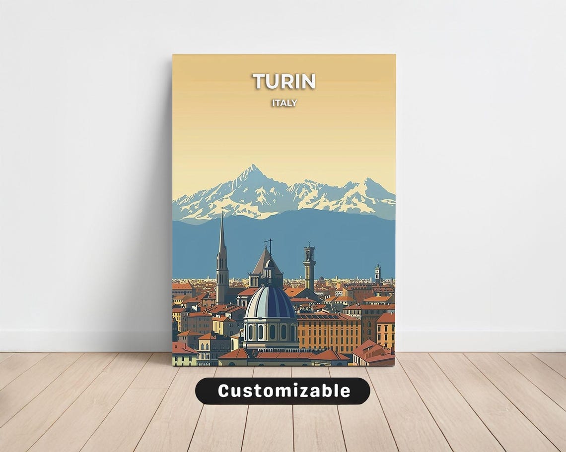 Turin Italy Alps Cityscape Skyline Mountain View Travel Poster